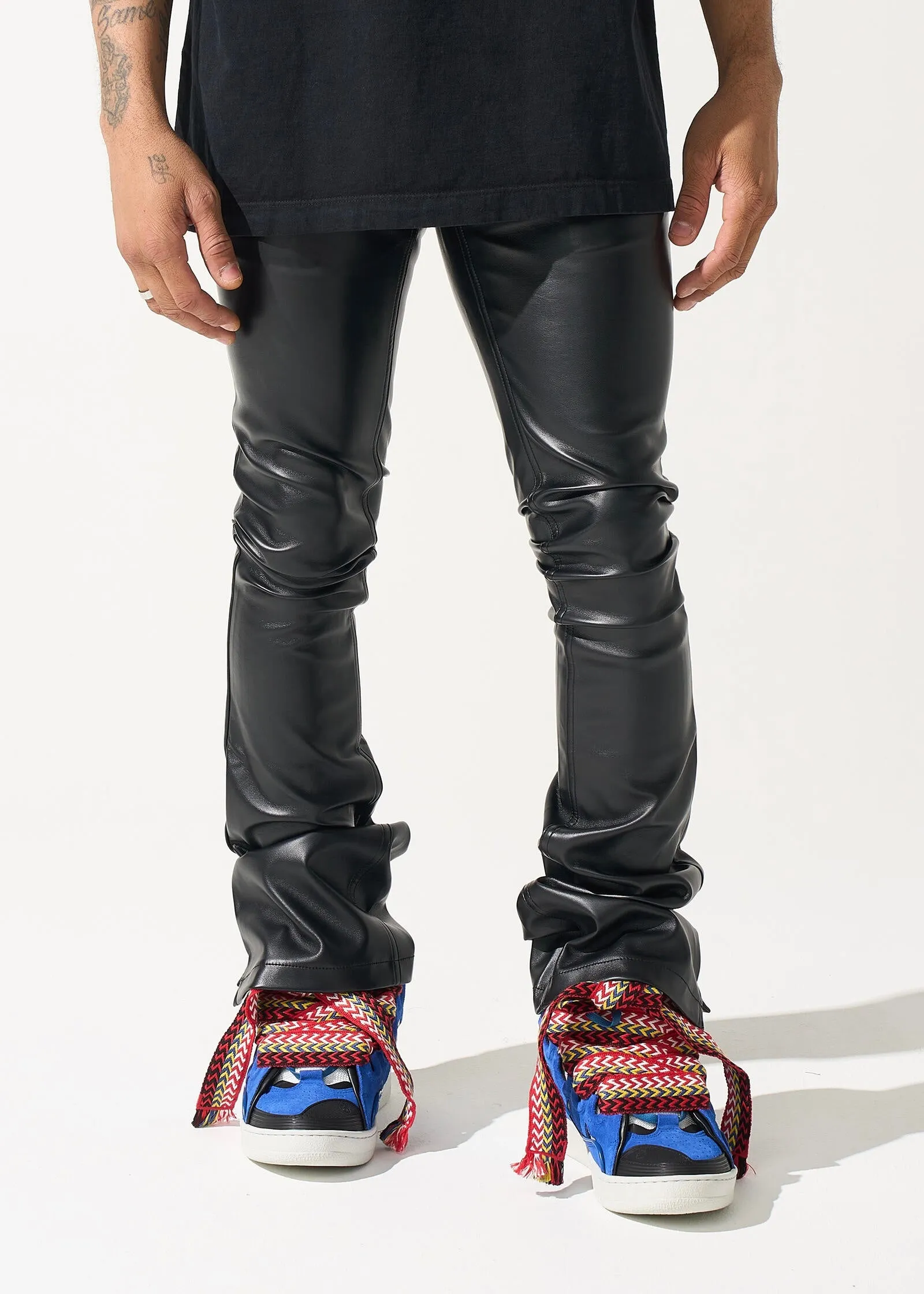 Serenade Stone Distressed Stacked Leather Jeans for a Trendy Look