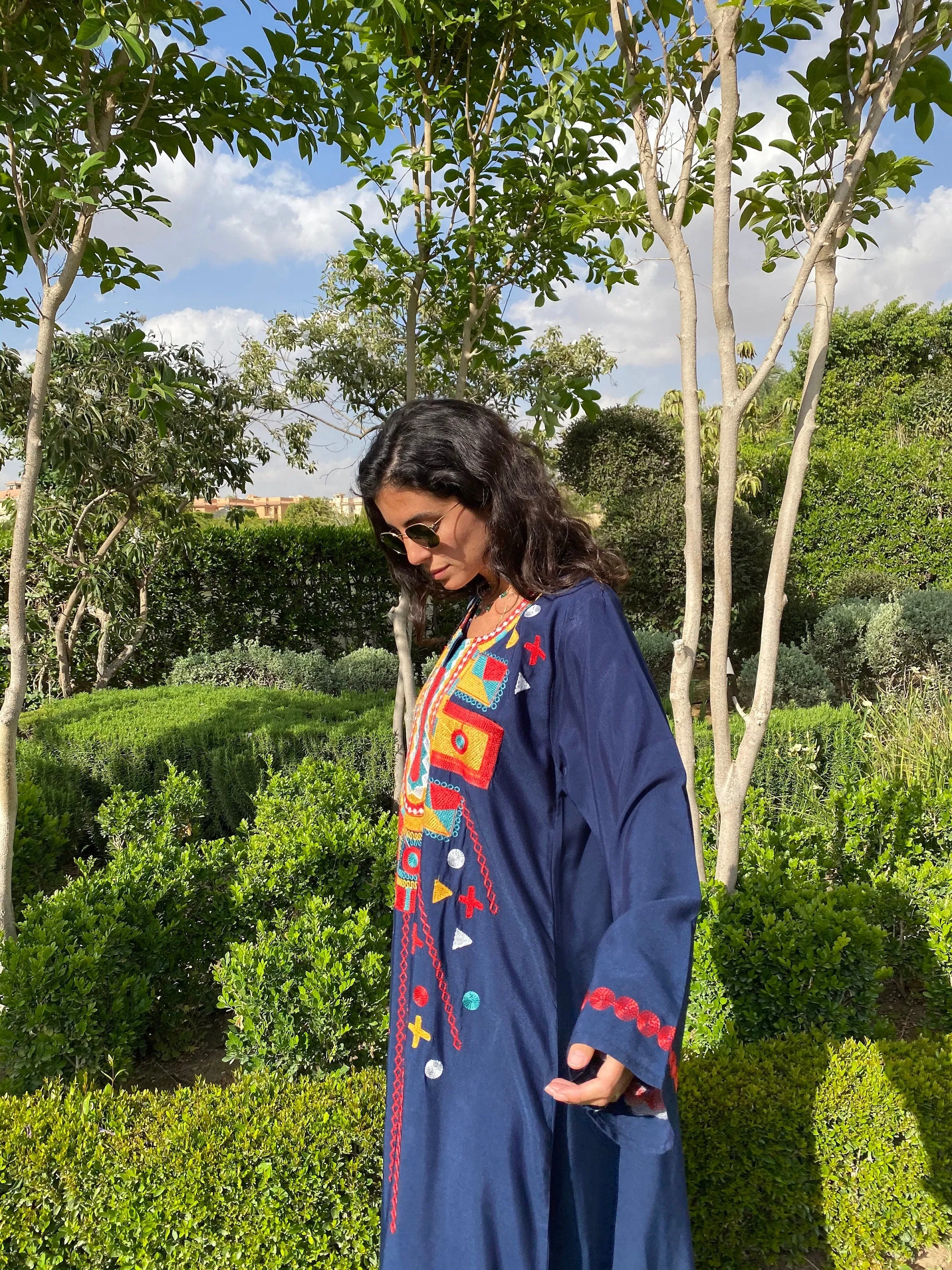 Siwa Long sleeve Navy Blue Multicolor embroidered Caftan, Spring Cotton Caftan, caftans for women, Caftans, Embroidered kaftan, caftans