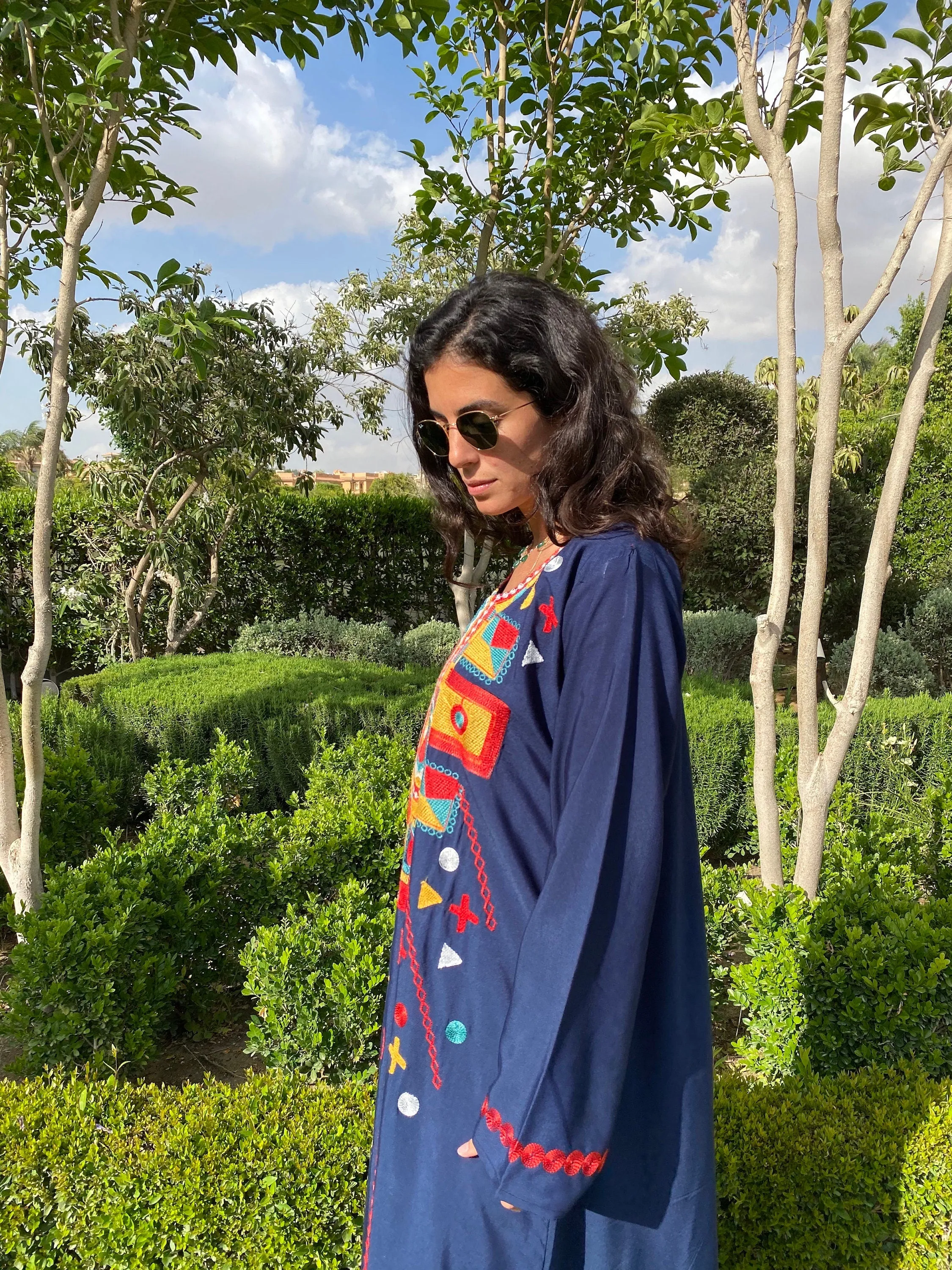 Siwa Long sleeve Navy Blue Multicolor embroidered Caftan, Spring Cotton Caftan, caftans for women, Caftans, Embroidered kaftan, caftans