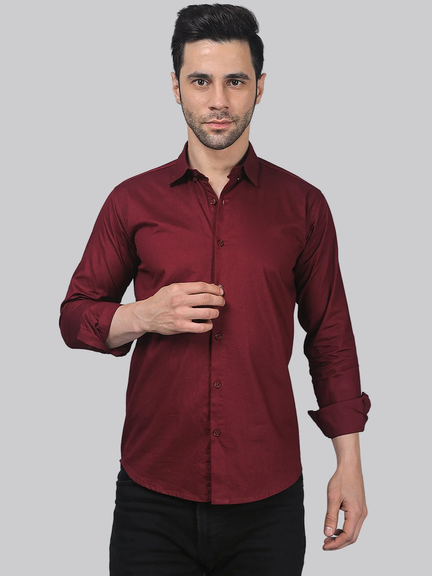 Sleek TryBuy Premium Solid Maroon Cotton Button-Up Shirt For Men