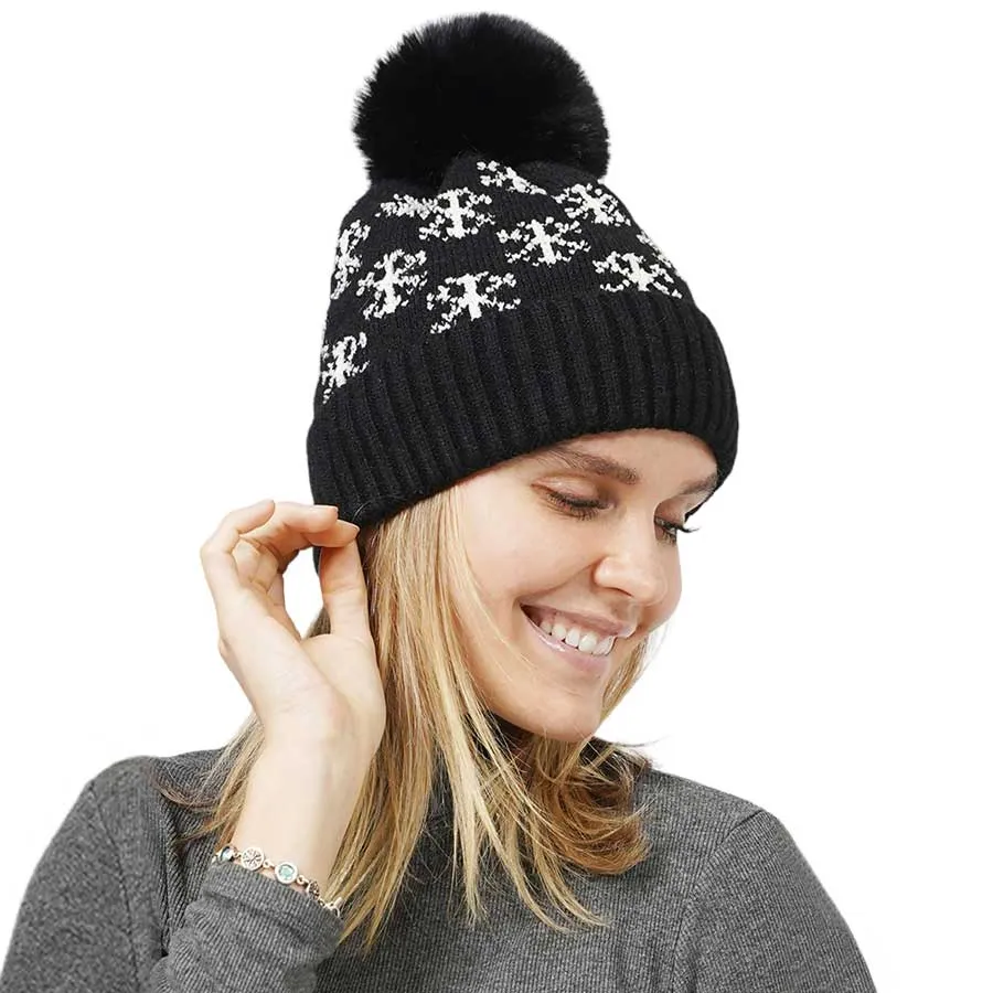 Snowflake Patterned Faux Fur Lining Knit Pom Pom Beanie Hat