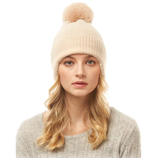 Soft Solid Earflap Knit Pom Pom Beanie Hat