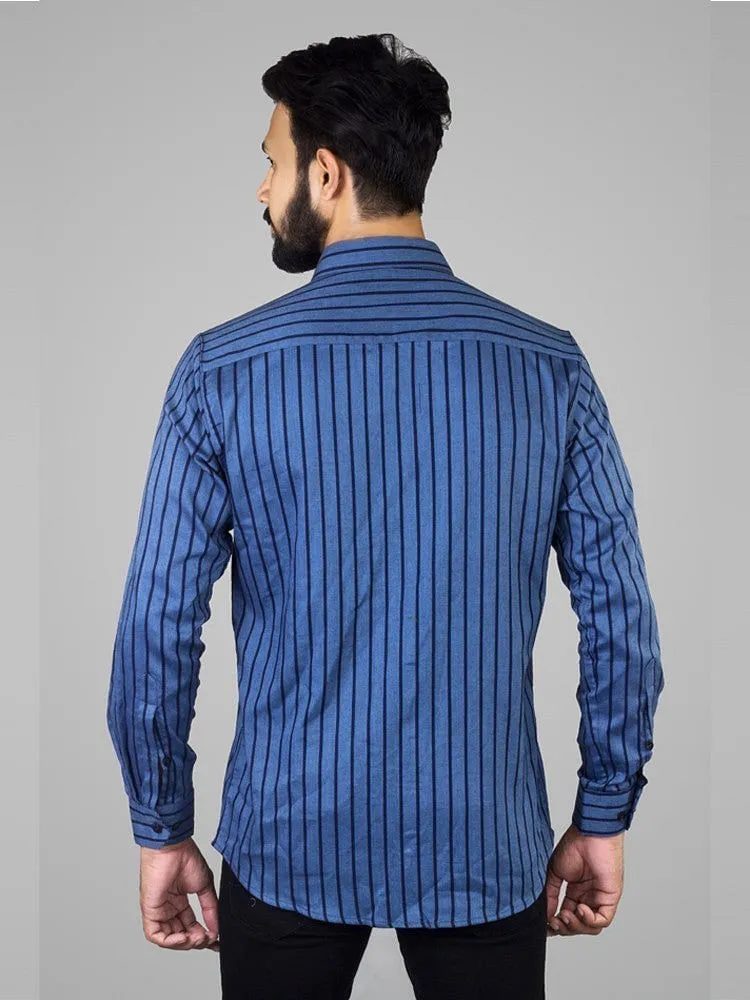 Striped Shirt Men - Blue Twill Stripes Classic Fit Cotton Shirt