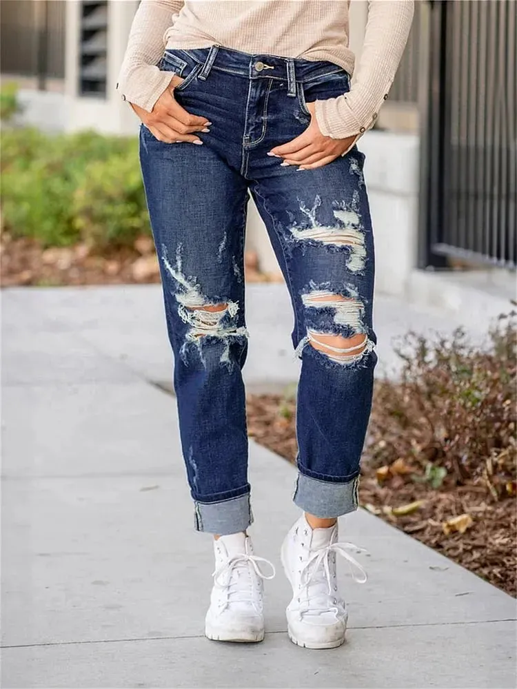 Tummy Slimming Cuffed Jeans With Textured Finish