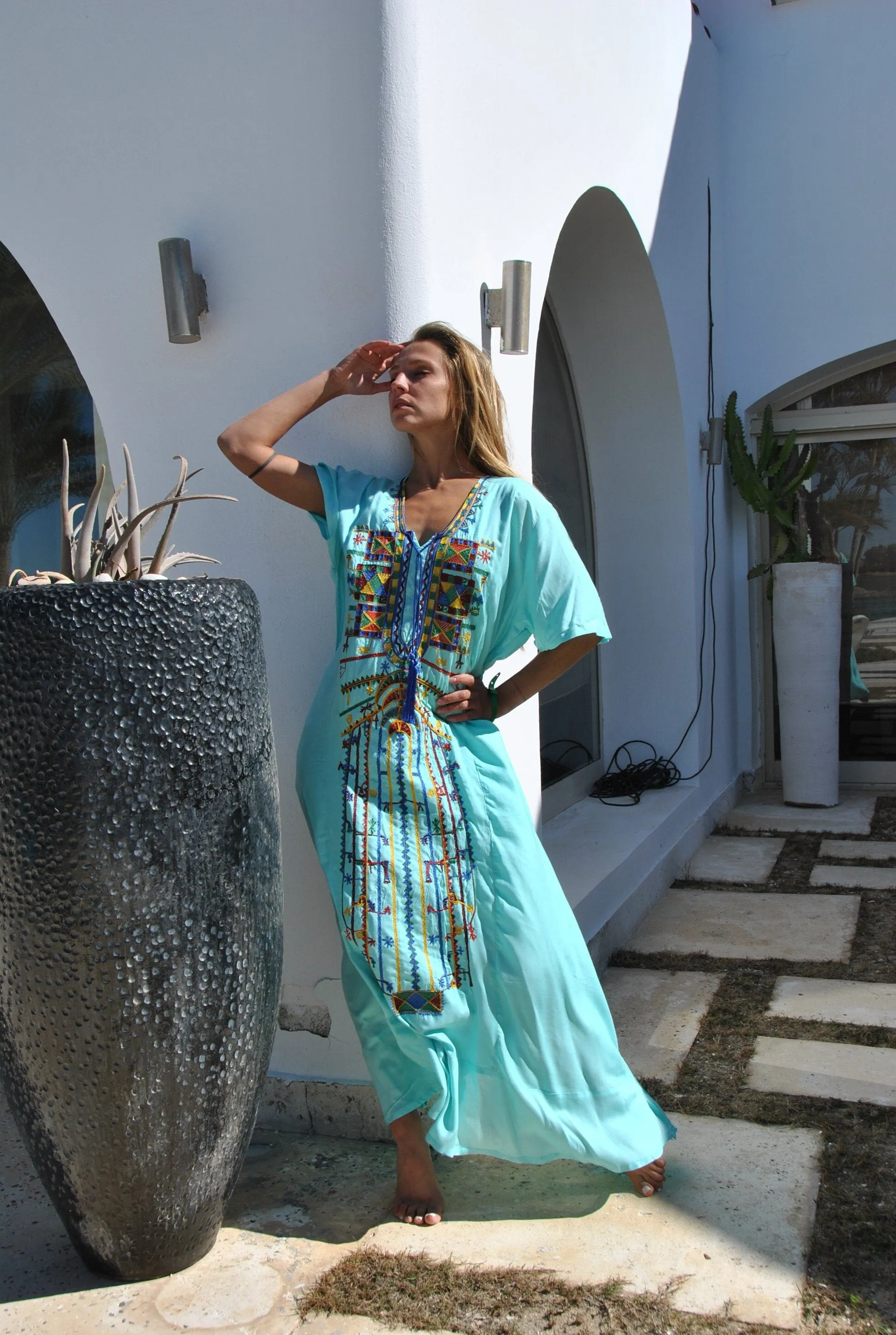 Turquoise Siwa embroidered Kaftan dress, Cotton Kaftan, caftans for women, Summer Kaftan, Embroidered caftans, Egyptian cotton caftan