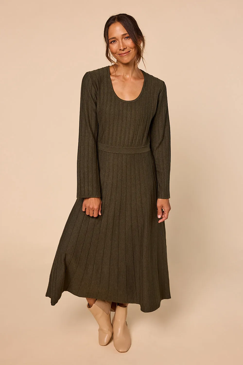 Waisted Knitted Dress in Khaki