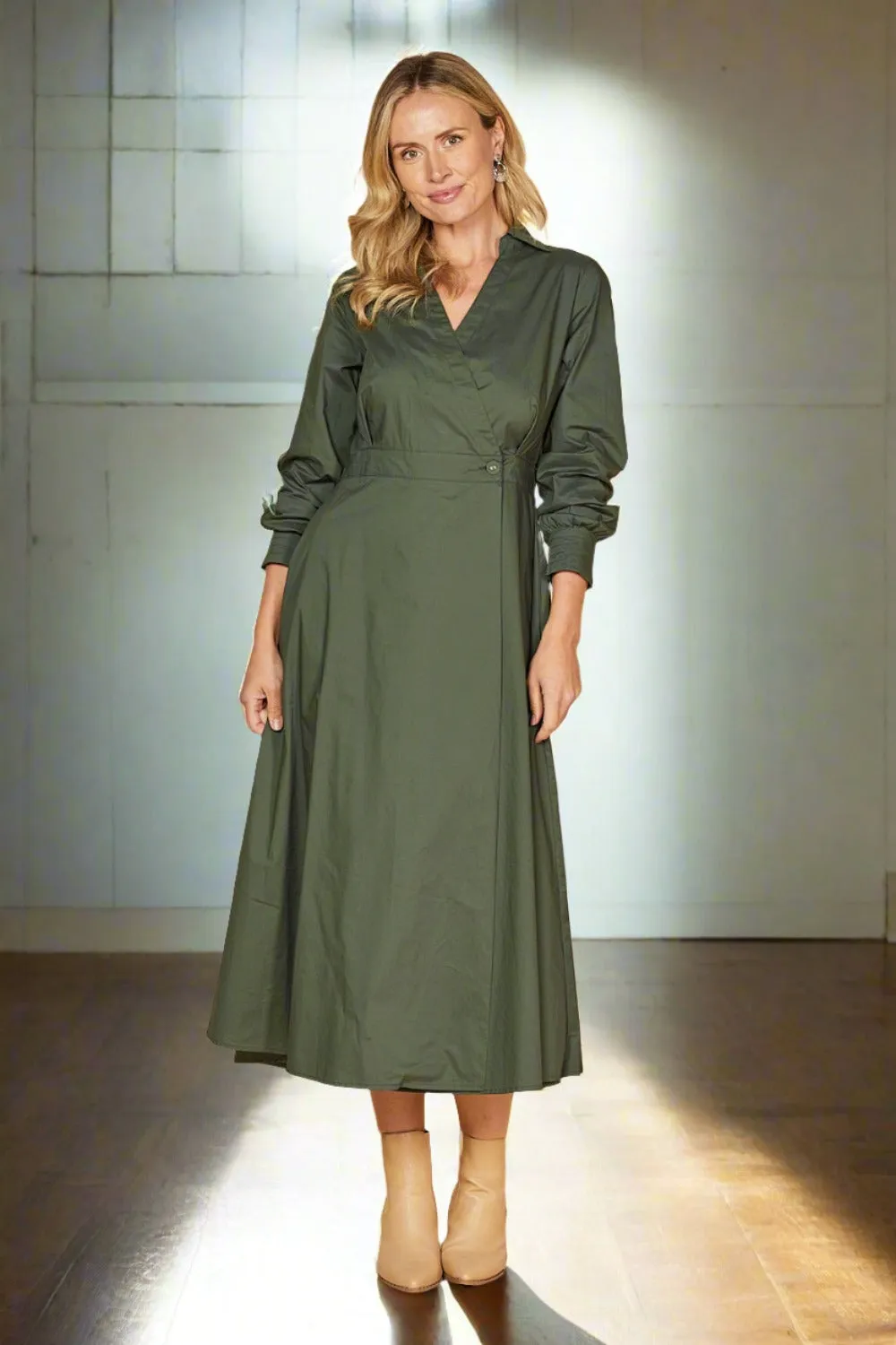 Wendy Poplin Wrap Dress in Bottle Green