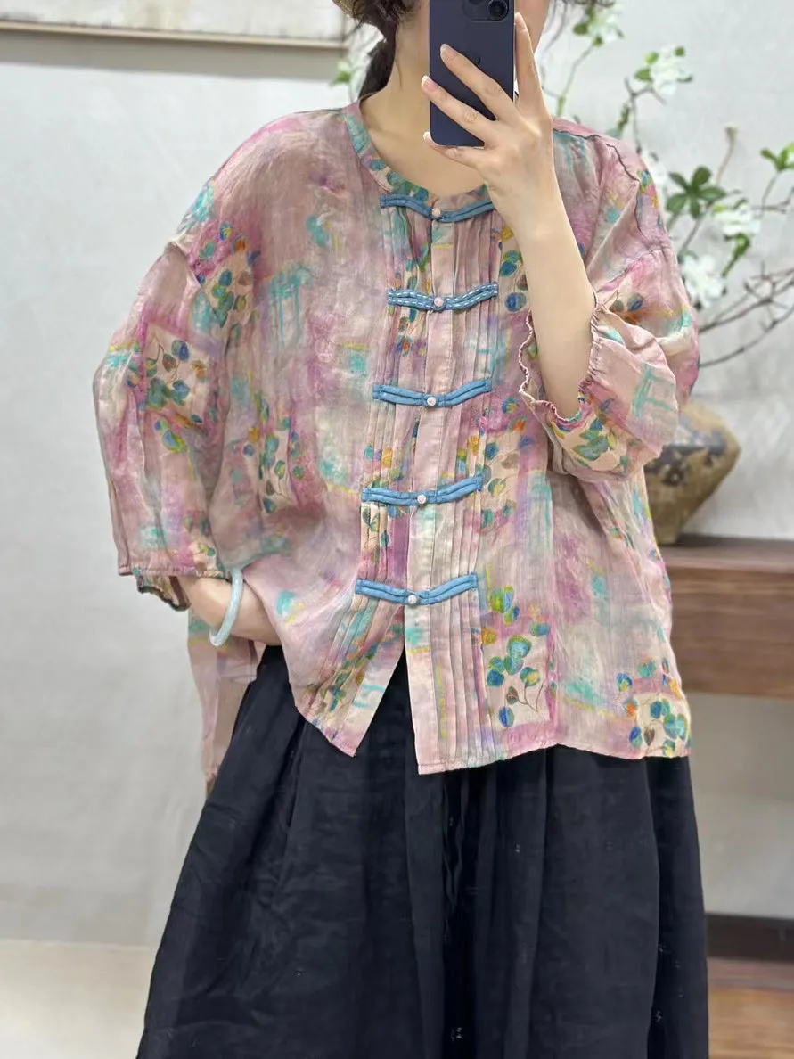 Women Artsy Floral Spring Button Up Ramie Shirt KL1026