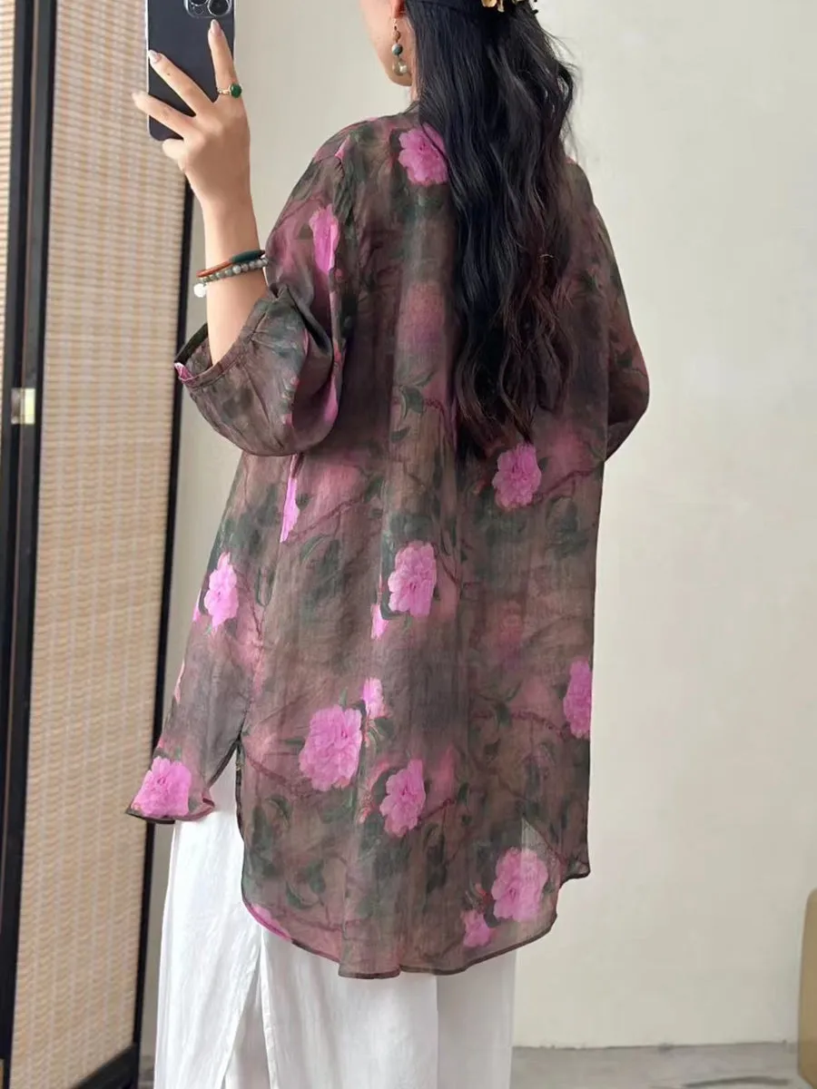 Women Artsy Flower Ramie Loose Long Shirt CO1016