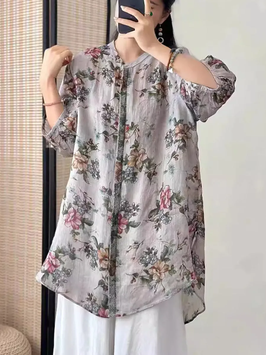 Women Artsy Flower Ramie Loose Long Shirt CO1016