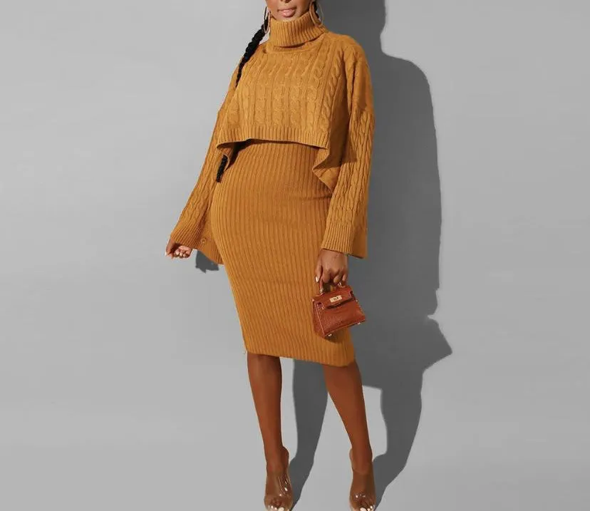 WOMEN LONG SLEEVE TURTLENECK KNOTTED OUTFIT DRESS