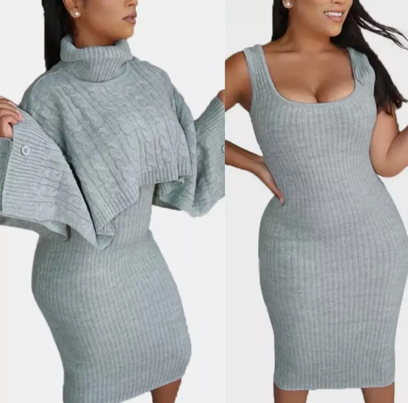 WOMEN LONG SLEEVE TURTLENECK KNOTTED OUTFIT DRESS