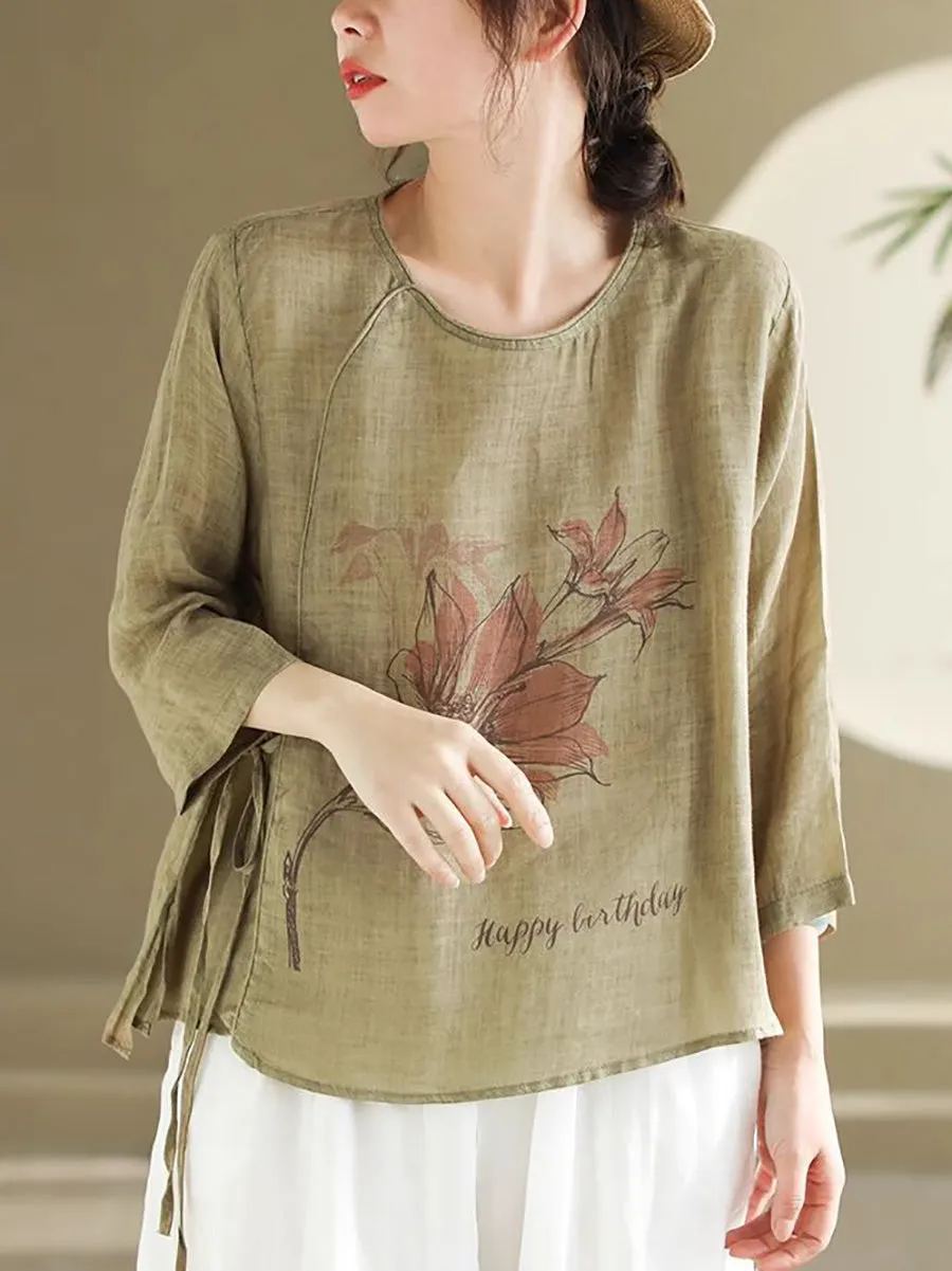 Women Spring Flower Vintage Strap Ramie Blouse KL1039