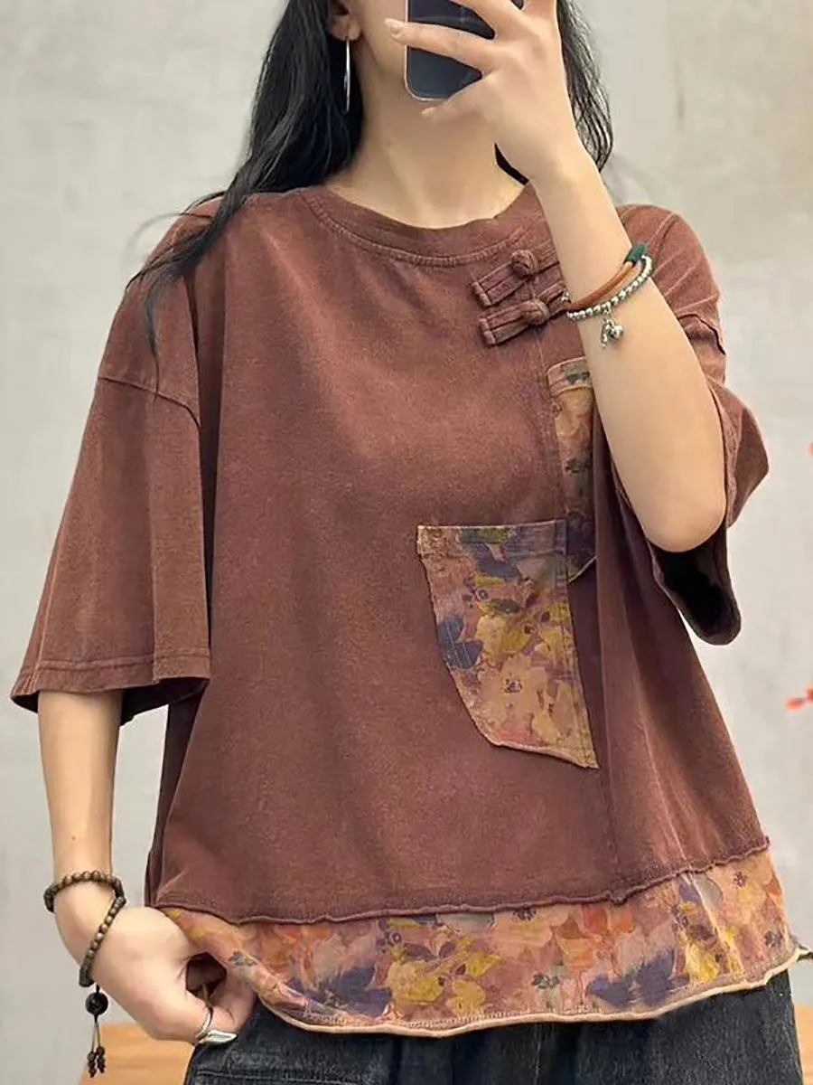 Women Summer Spliced Retro Cotton Shirt PA1017