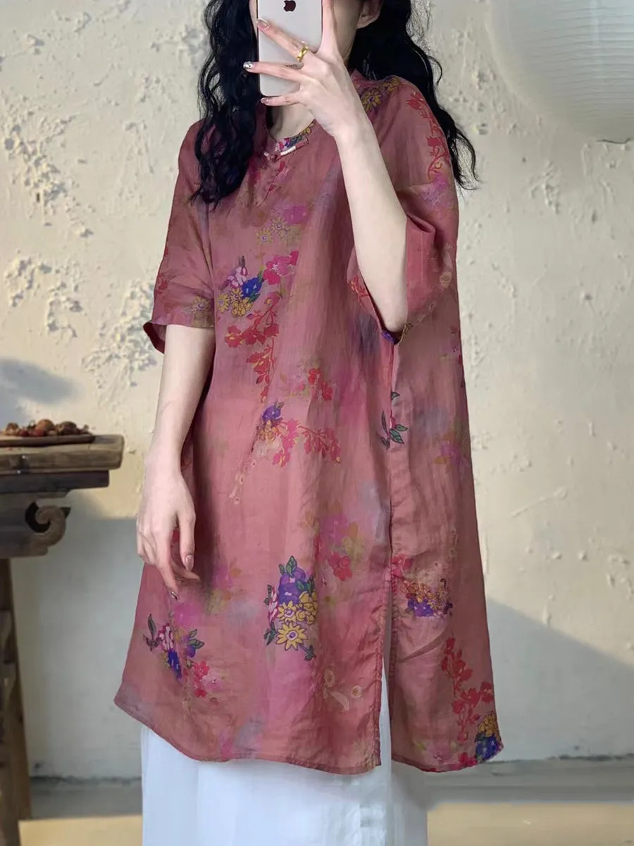 Women Summer Vintage Flower Long Ramie Shirt PA1013