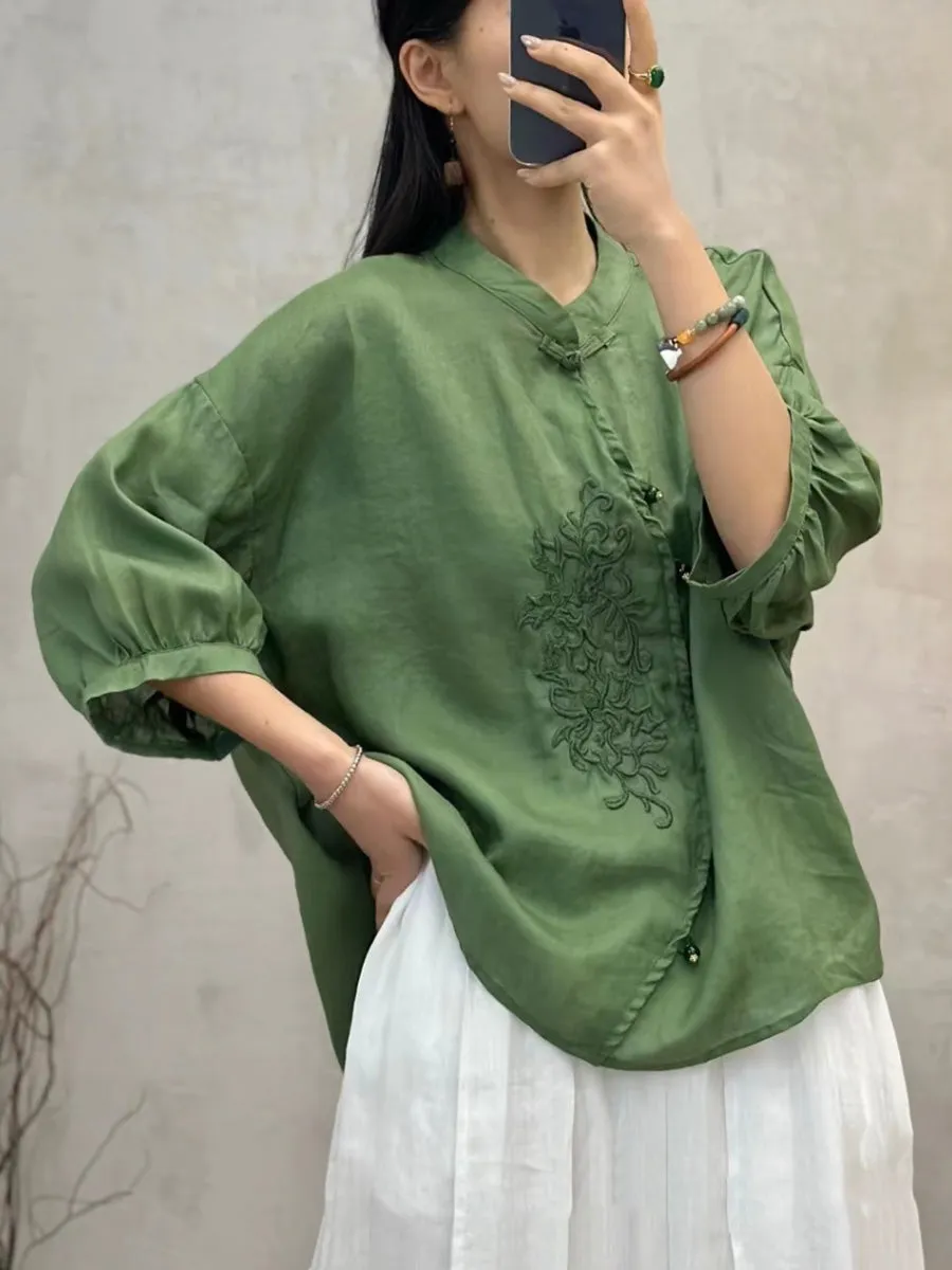 Women Vintage Embroidery Button Up Blouse PA1022