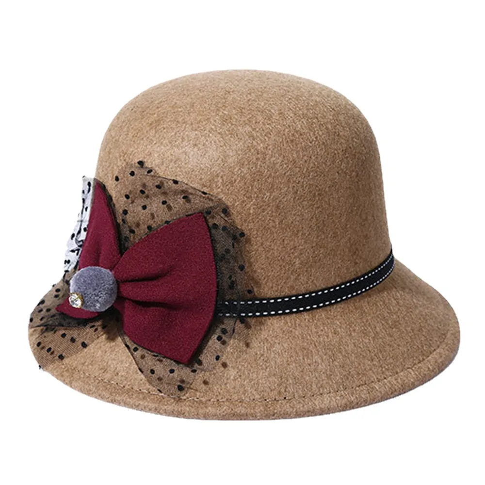 Women Winter Outdoor Cool Protection Warm Top Hat Felt Bow Decoration Lace Fedora Hat Bucket Hat