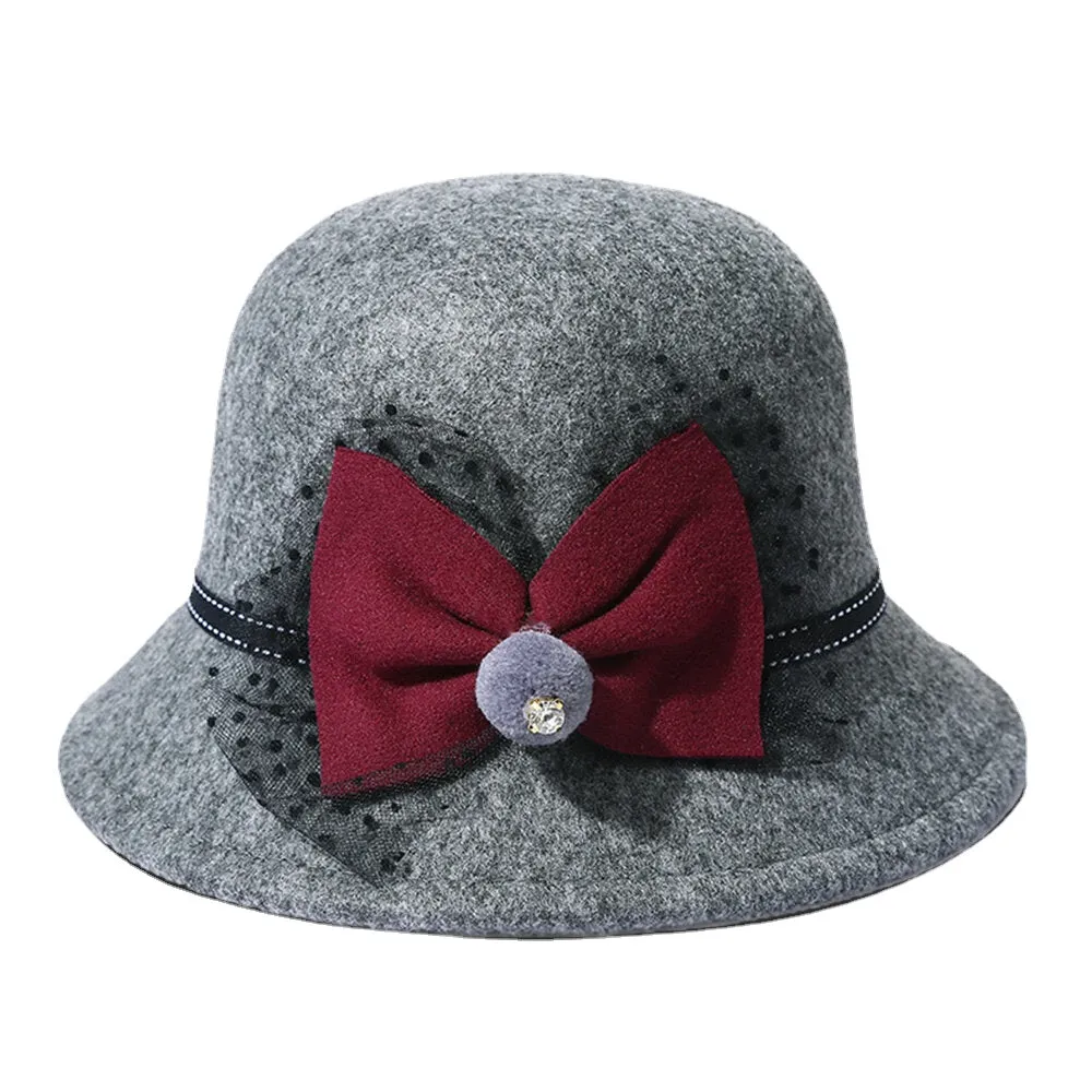 Women Winter Outdoor Cool Protection Warm Top Hat Felt Bow Decoration Lace Fedora Hat Bucket Hat