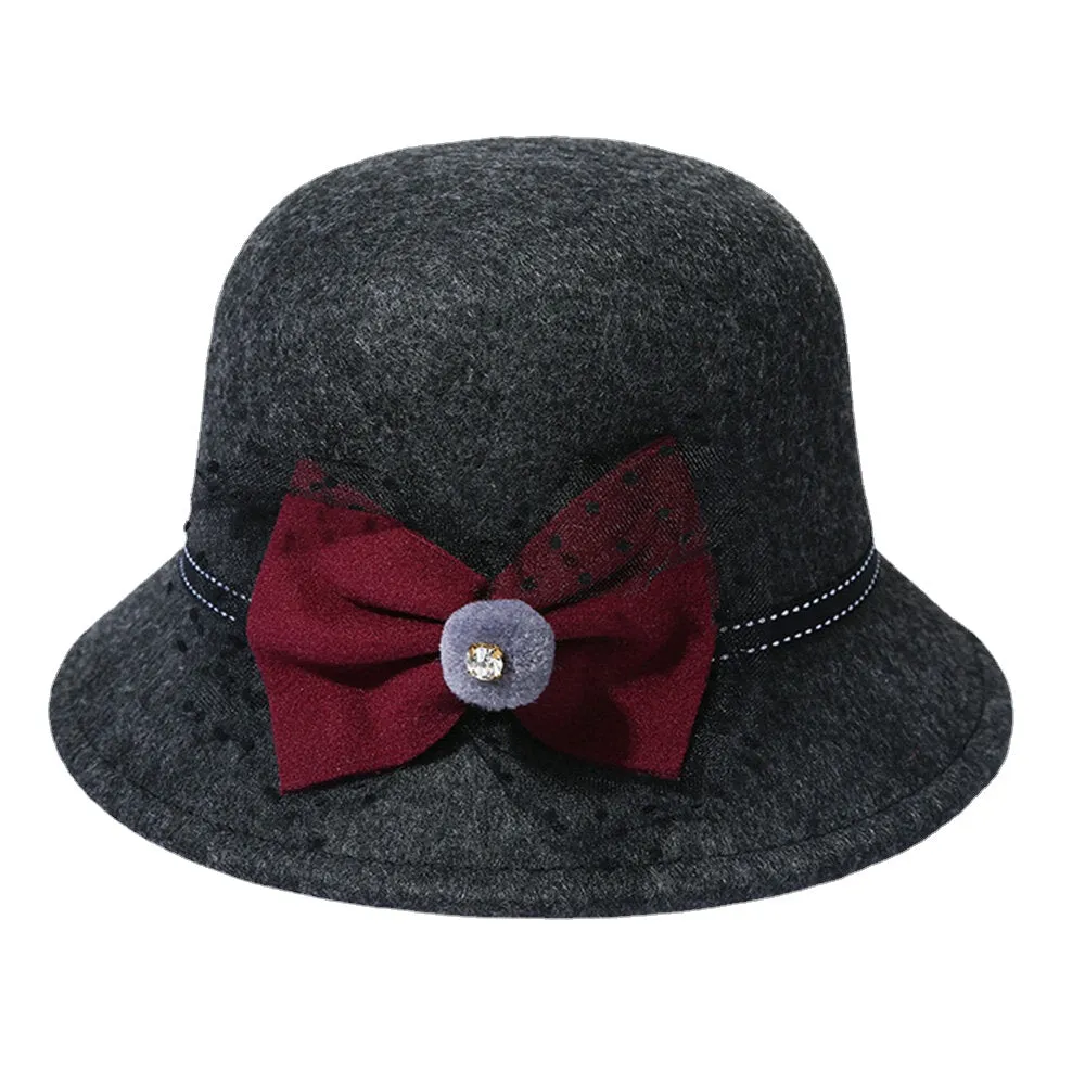 Women Winter Outdoor Cool Protection Warm Top Hat Felt Bow Decoration Lace Fedora Hat Bucket Hat