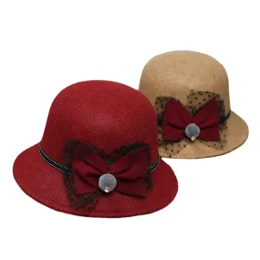 Women Winter Outdoor Cool Protection Warm Top Hat Felt Bow Decoration Lace Fedora Hat Bucket Hat