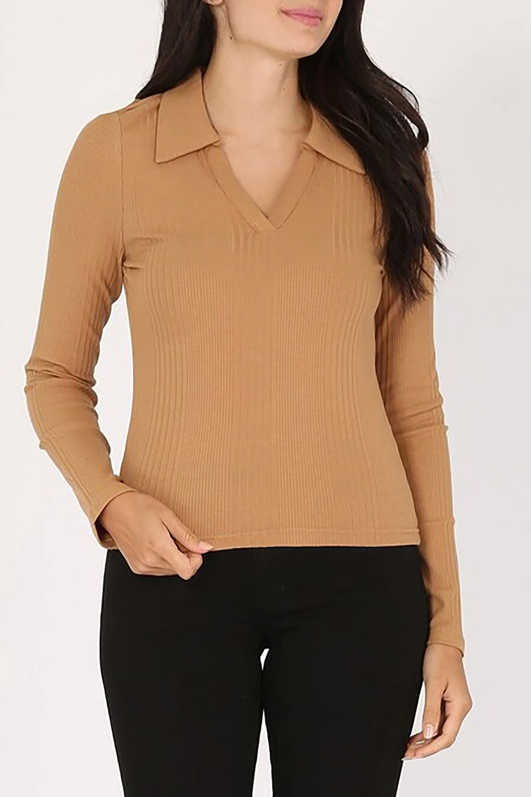 Women's Long Sleeves Variegated Rib Polo T Shirts